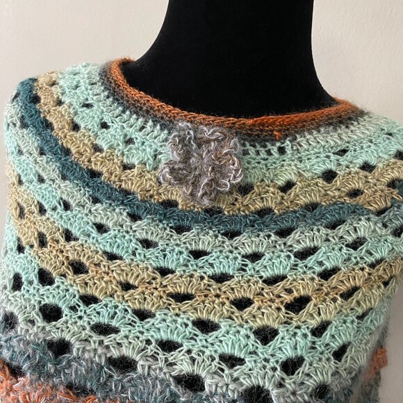Handmade Crochet Blue Orange Multicolour Wool Angora Mohair Blend Short Capelet - Picture 2 of 6